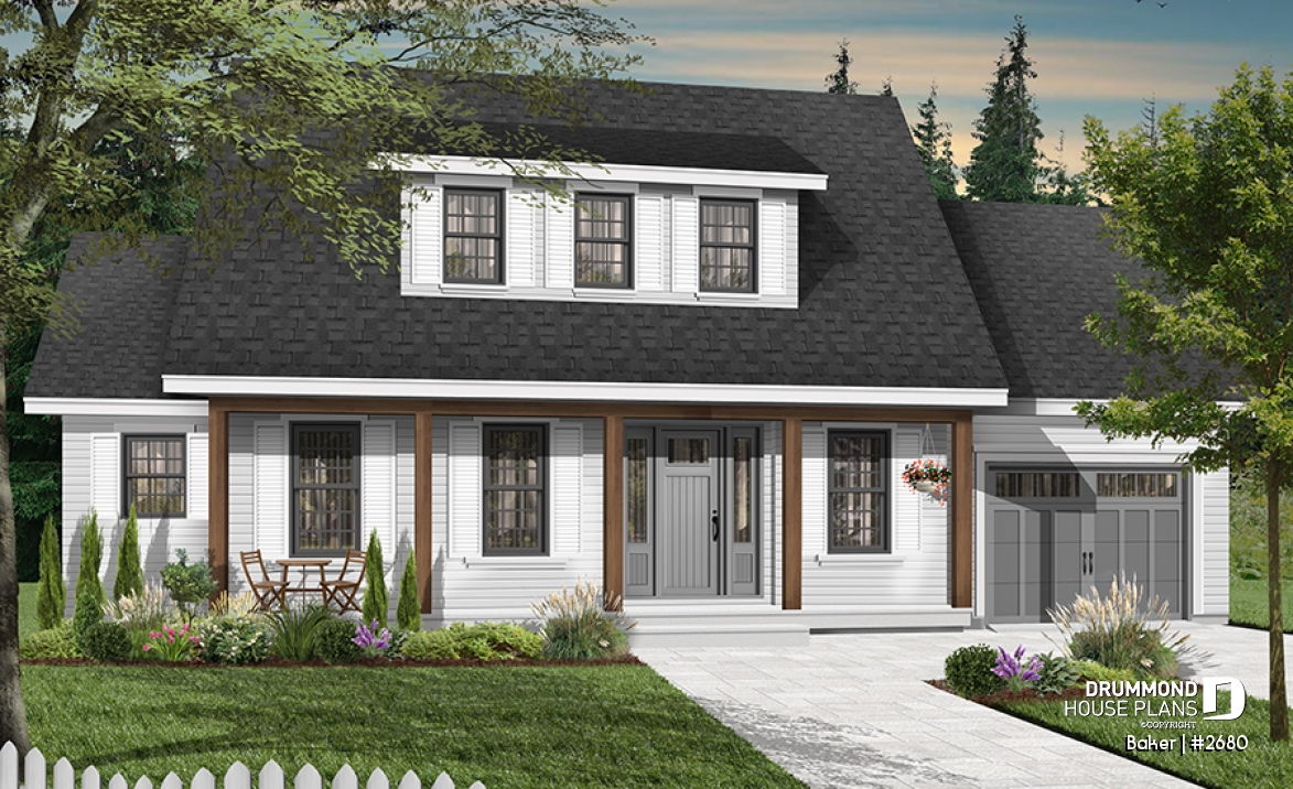 front - BASE MODEL - Beautiful small farmhouse house plan, low-building cost, master suite, garage, breakfast nook - Baker
