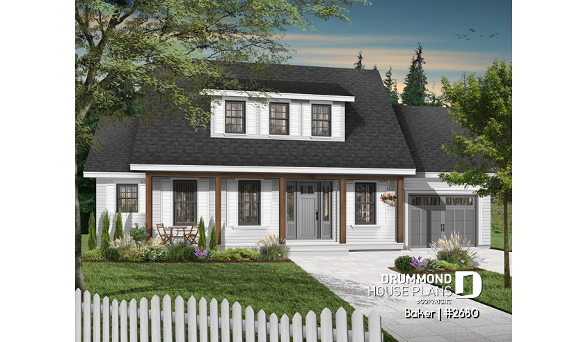 front - BASE MODEL - Beautiful small farmhouse house plan, low-building cost, master suite, garage, breakfast nook - Baker