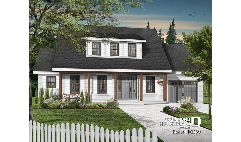 front - BASE MODEL - Beautiful small farmhouse house plan, low-building cost, master suite, garage, breakfast nook - Baker