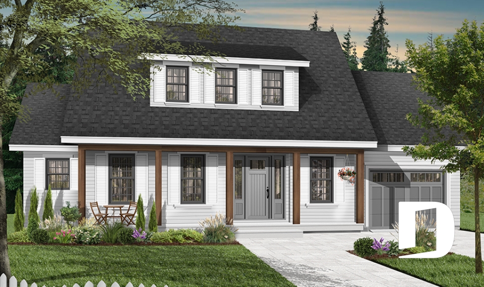 front - BASE MODEL - Beautiful small farmhouse house plan, low-building cost, master suite, garage, breakfast nook - Baker