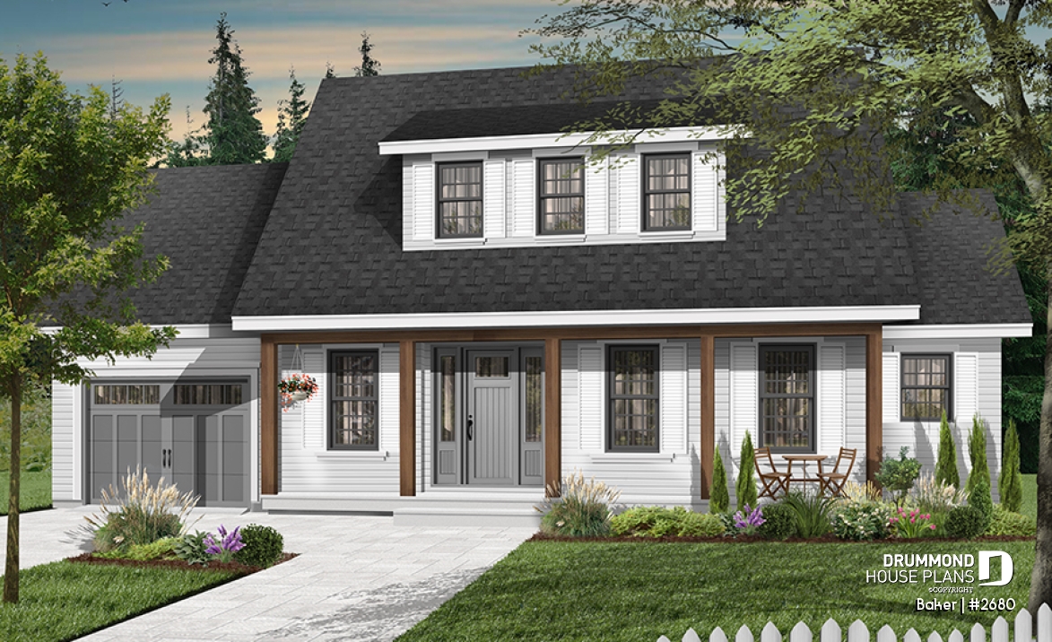 front - BASE MODEL - Beautiful small farmhouse house plan, low-building cost, master suite, garage, breakfast nook - Baker