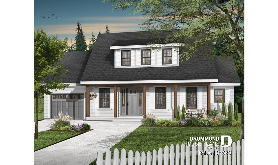 front - BASE MODEL - Beautiful small farmhouse house plan, low-building cost, master suite, garage, breakfast nook - Baker