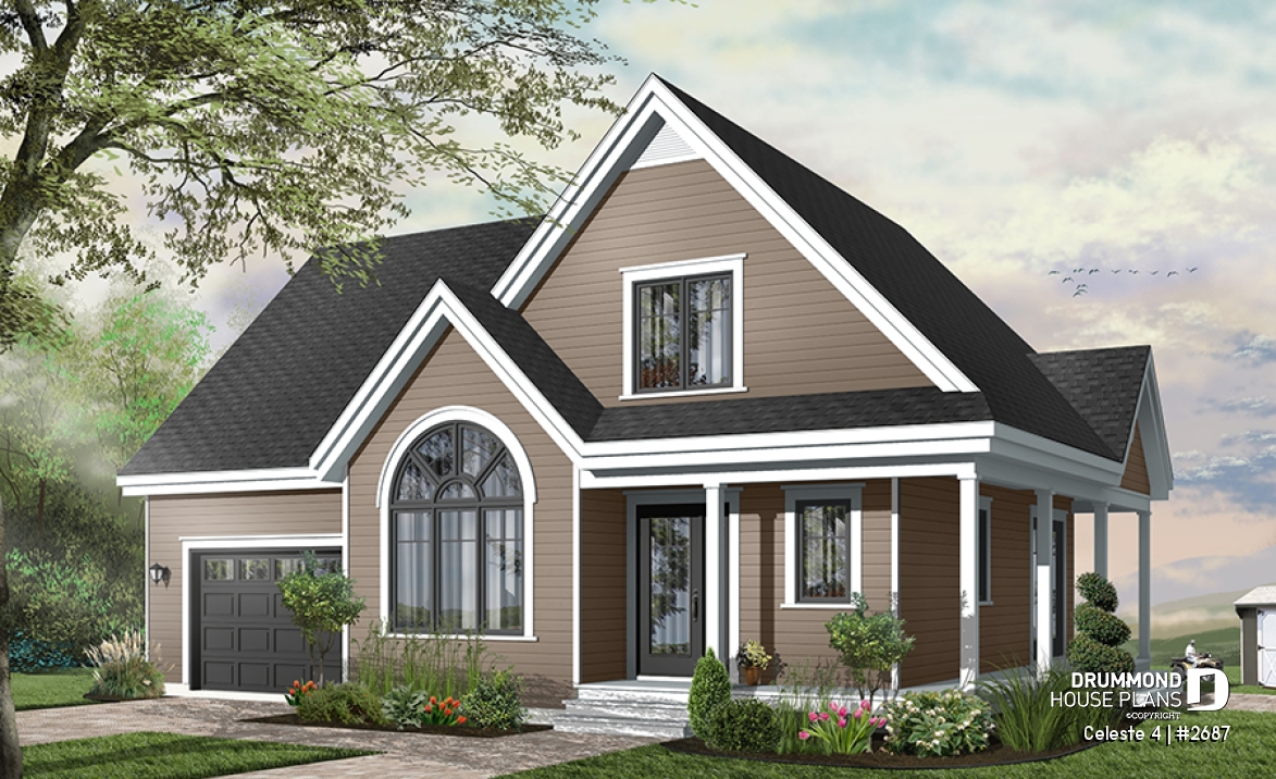 front - BASE MODEL - Country style 3 bedroom house plan, garage, lots of natural lights, affordable construction costs, garage - Celeste 4