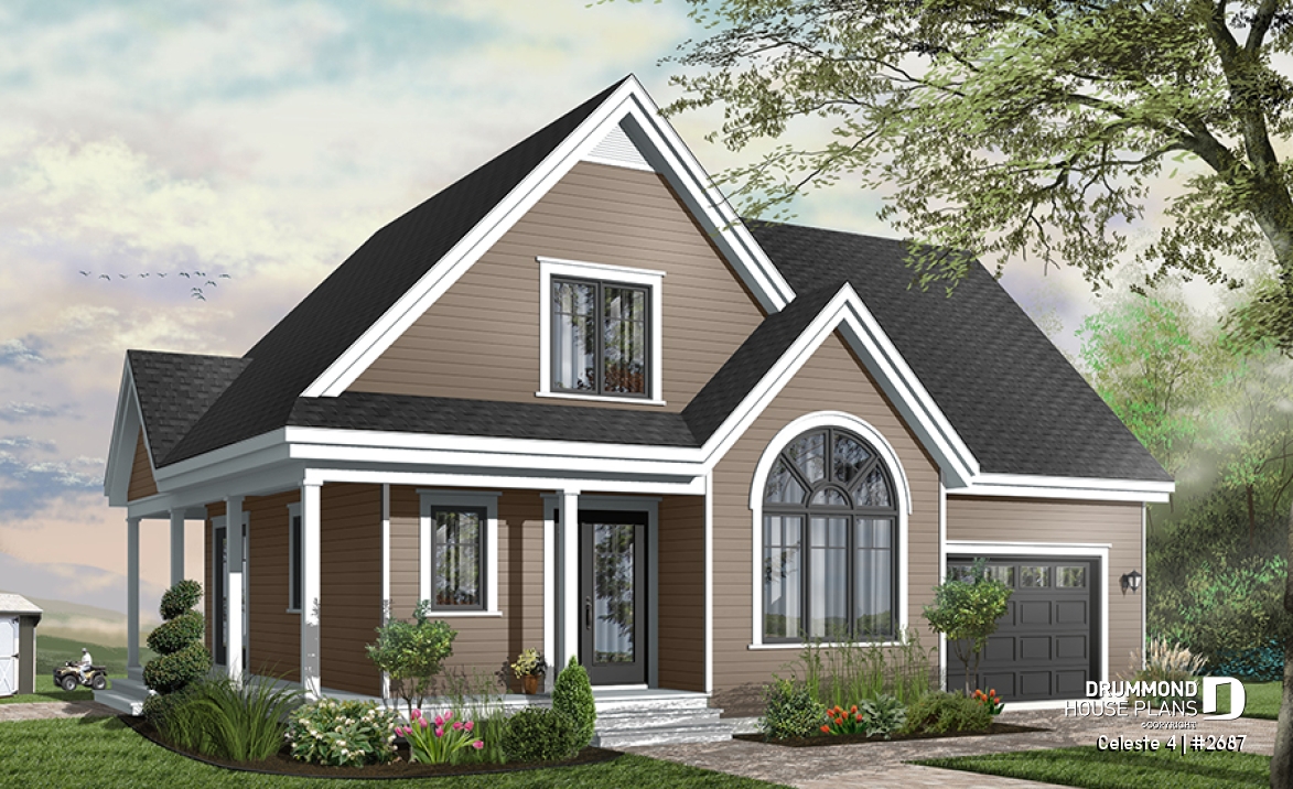 front - BASE MODEL - Country style 3 bedroom house plan, garage, lots of natural lights, affordable construction costs, garage - Celeste 4