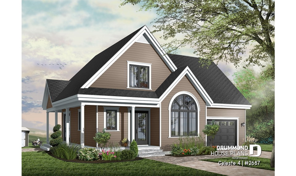 front - BASE MODEL - Country style 3 bedroom house plan, garage, lots of natural lights, affordable construction costs, garage - Celeste 4