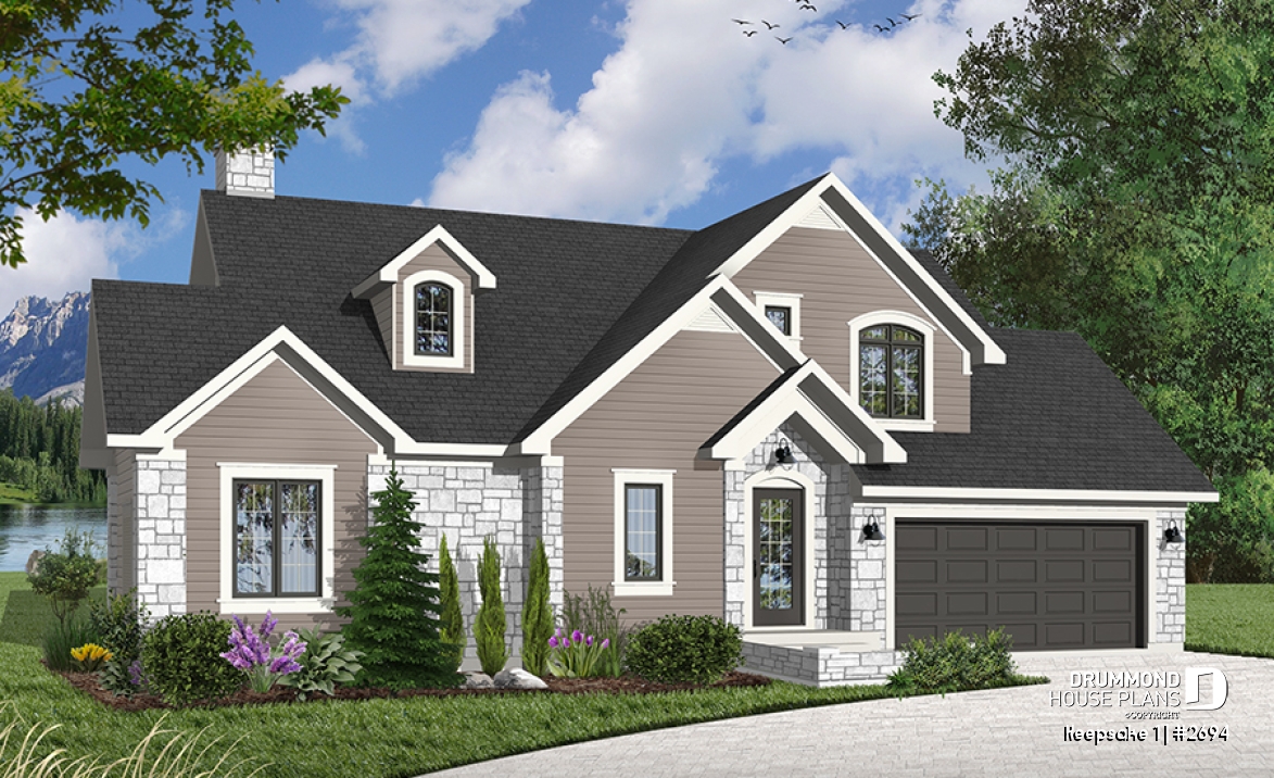 front - BASE MODEL - Panoramic view cottage plan, master on main floor, 2-car garage, 4 bedrooms, laundry room - Keepsake 1