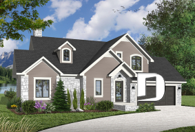 front - BASE MODEL - Panoramic view cottage plan, master on main floor, 2-car garage, 4 bedrooms, laundry room - Keepsake 1