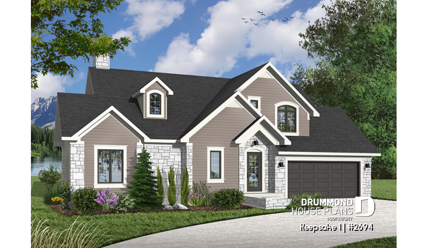 front - BASE MODEL of house plan 2694 front - BASE MODEL - Panoramic view cottage plan, master on main floor, 2-car garage, 4 bedrooms, laundry room - Keepsake 1