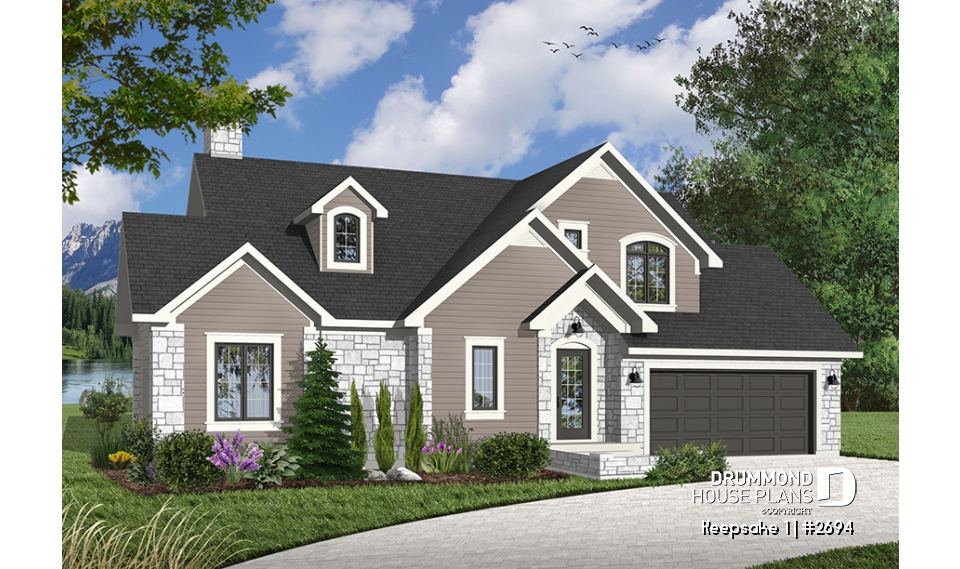 front - BASE MODEL - Panoramic view cottage plan, master on main floor, 2-car garage, 4 bedrooms, laundry room - Keepsake 1