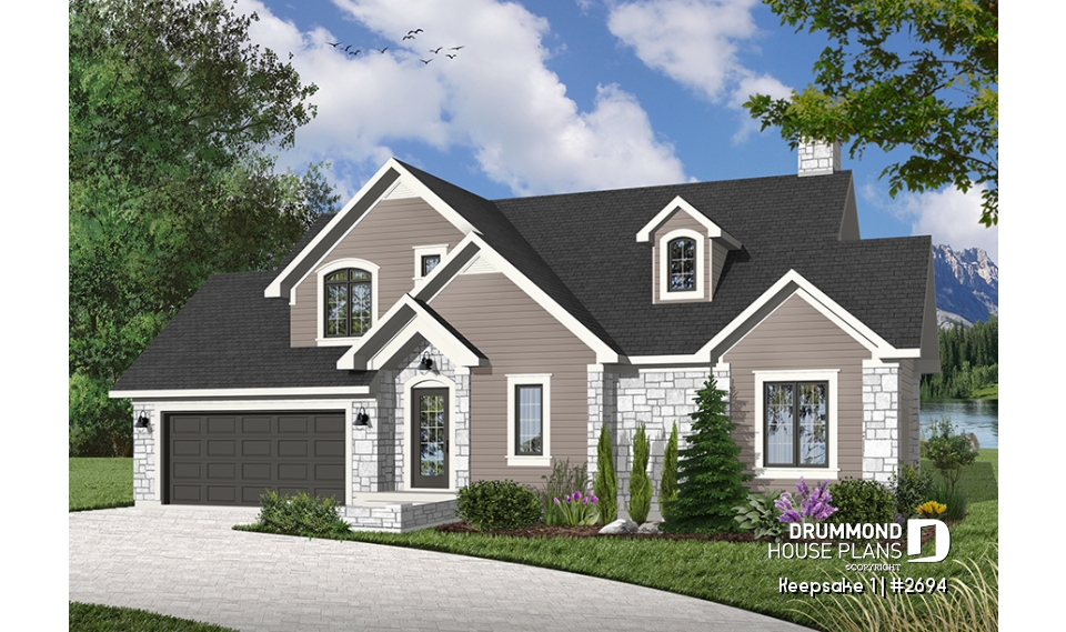 front - BASE MODEL - Panoramic view cottage plan, master on main floor, 2-car garage, 4 bedrooms, laundry room - Keepsake 1