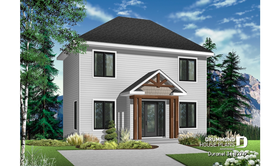 front - BASE MODEL - Two-story economical home. Two bedrooms with walk-in closets, upstairs laundry, kitchen with central island. - Duranel 3