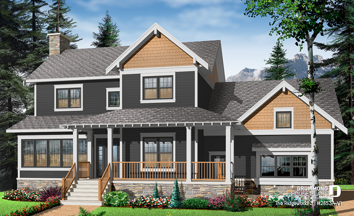 front - BASE MODEL - 3 to 4 bedroom, 2.5 bathroom country house plan, home office, large master suite, bonus room on second floor - The Ridgewood 3