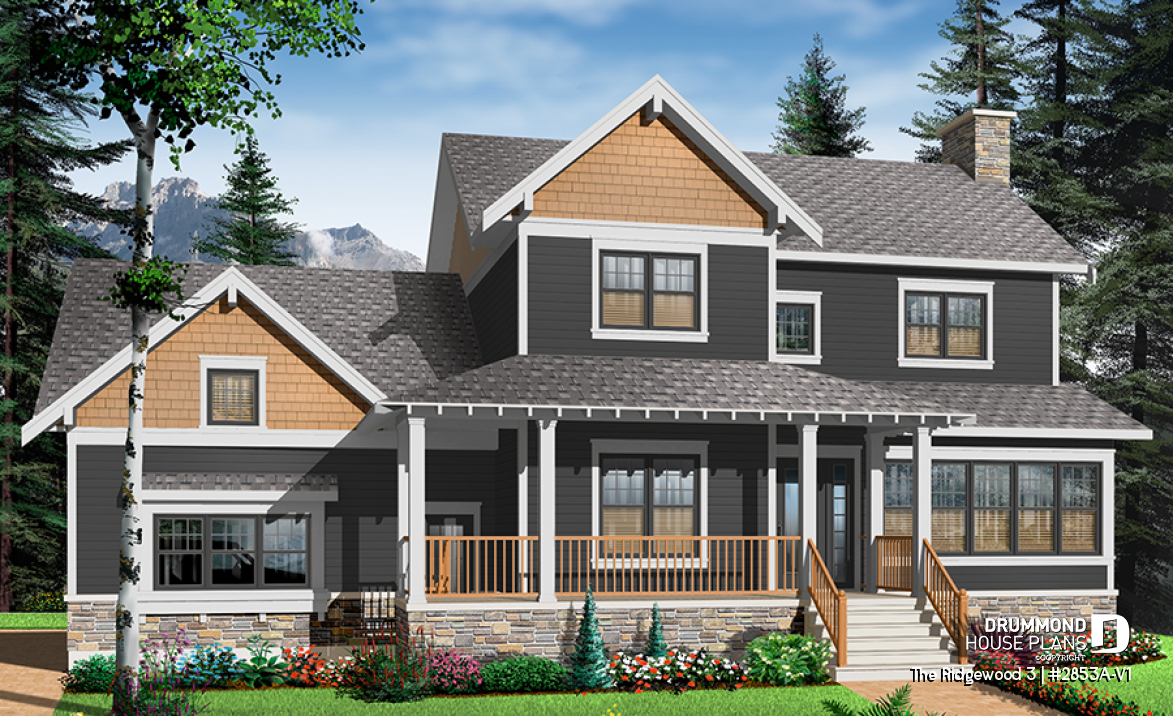front - BASE MODEL - 3 to 4 bedroom, 2.5 bathroom country house plan, home office, large master suite, bonus room on second floor - The Ridgewood 3