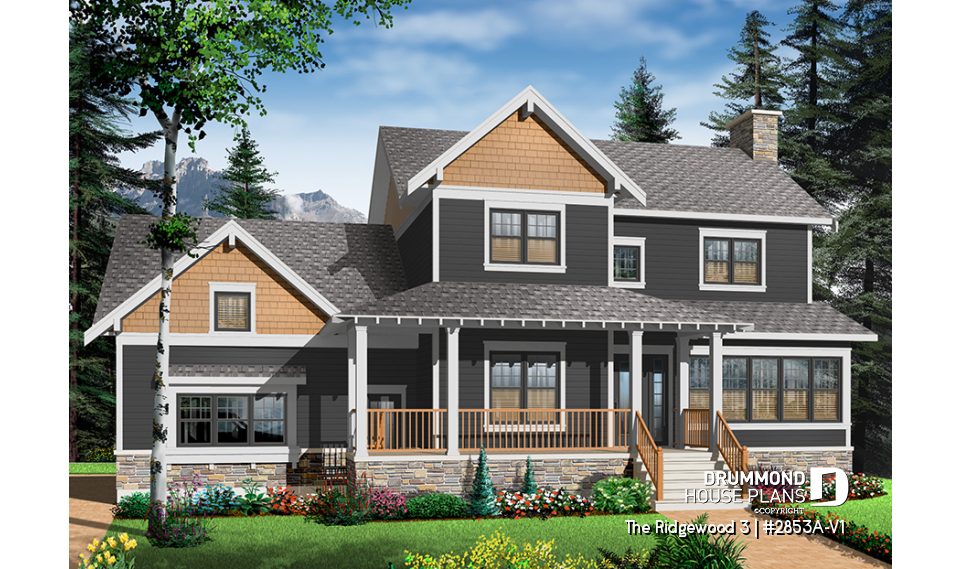 front - BASE MODEL - 3 to 4 bedroom, 2.5 bathroom country house plan, home office, large master suite, bonus room on second floor - The Ridgewood 3