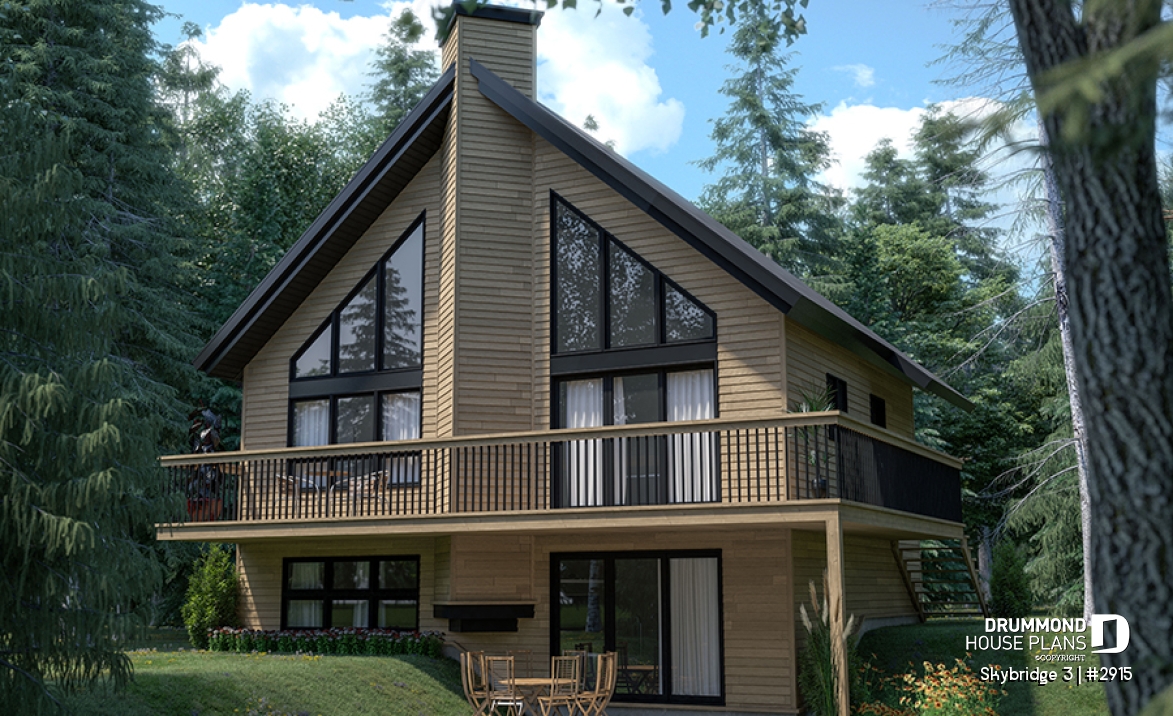 Rear view - BASE MODEL - Affordable mountain rustic cottage chalet house plan, 3-4 bedrooms, open loft, cathedral ceiling, 2 fireplaces - Skybridge 3