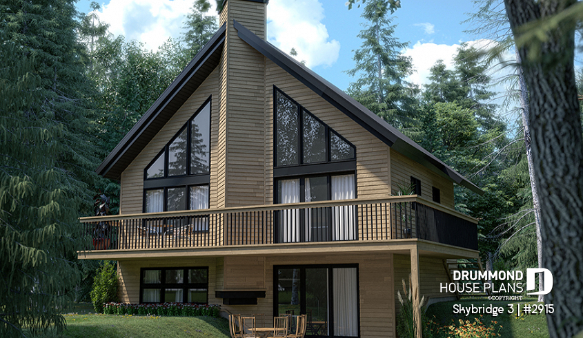 Rear view - BASE MODEL - Affordable mountain rustic cottage chalet house plan, 3-4 bedrooms, open loft, cathedral ceiling, 2 fireplaces - Skybridge 3