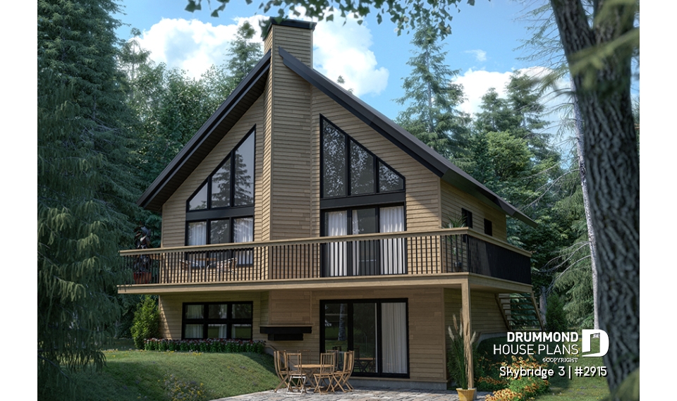 Rear view - BASE MODEL - Affordable mountain rustic cottage chalet house plan, 3-4 bedrooms, open loft, cathedral ceiling, 2 fireplaces - Skybridge 3