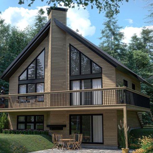 Rear view - BASE MODEL - Affordable mountain rustic cottage chalet house plan, 3-4 bedrooms, open loft, cathedral ceiling, 2 fireplaces - Skybridge 3