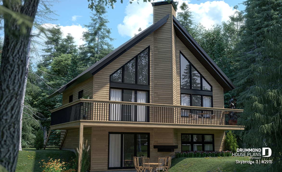 Rear view - BASE MODEL - Affordable mountain rustic cottage chalet house plan, 3-4 bedrooms, open loft, cathedral ceiling, 2 fireplaces - Skybridge 3