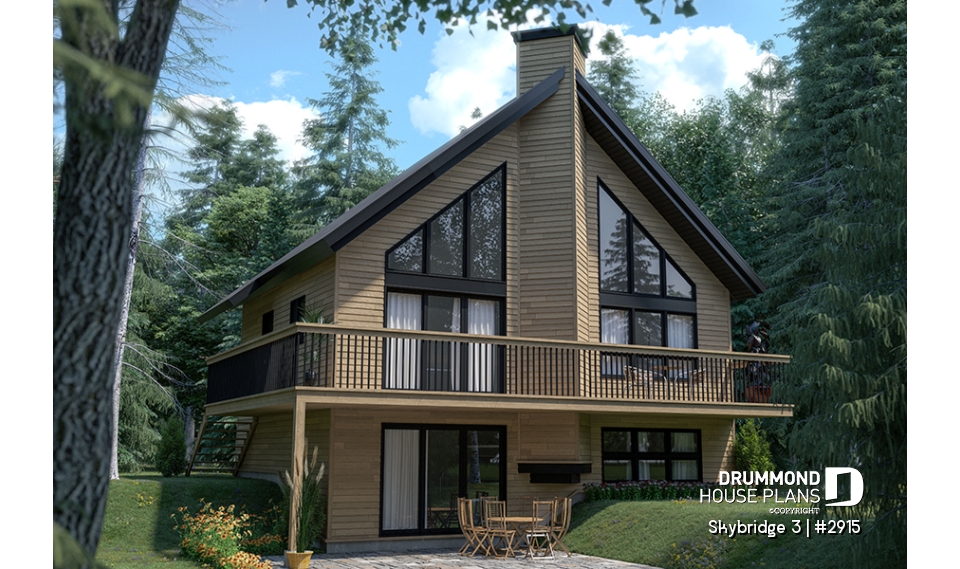 Rear view - BASE MODEL - Affordable mountain rustic cottage chalet house plan, 3-4 bedrooms, open loft, cathedral ceiling, 2 fireplaces - Skybridge 3