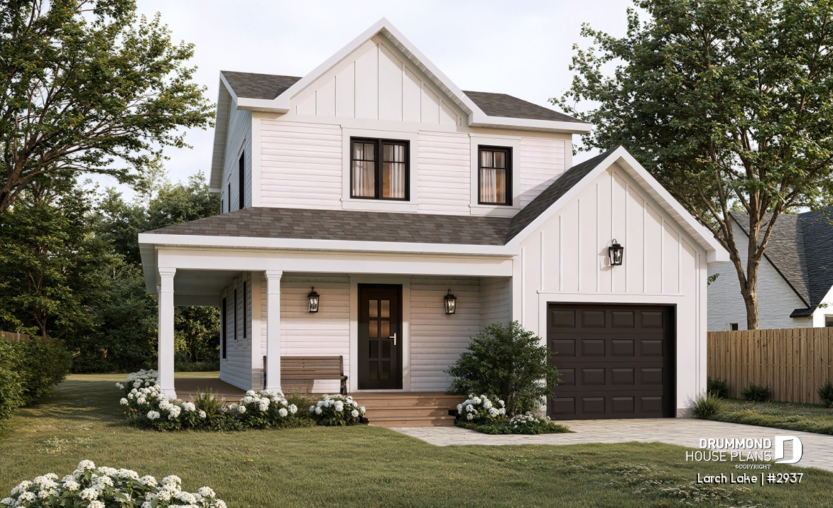 front - BASE MODEL - Compact Farmhouse Design with Garage, 3 to 4 Bedrooms, Optional finished basement, Panoramic Views - Larch Lake