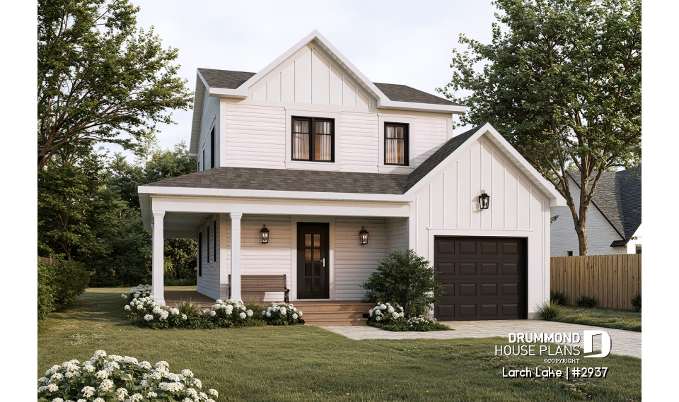 front - BASE MODEL - Compact Farmhouse Design with Garage, 3 to 4 Bedrooms, Optional finished basement, Panoramic Views - Larch Lake