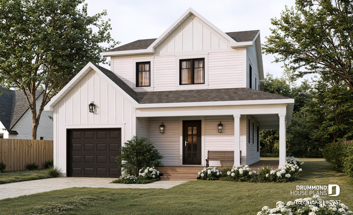 front - BASE MODEL - Compact Farmhouse Design with Garage, 3 to 4 Bedrooms, Optional finished basement, Panoramic Views - Larch Lake