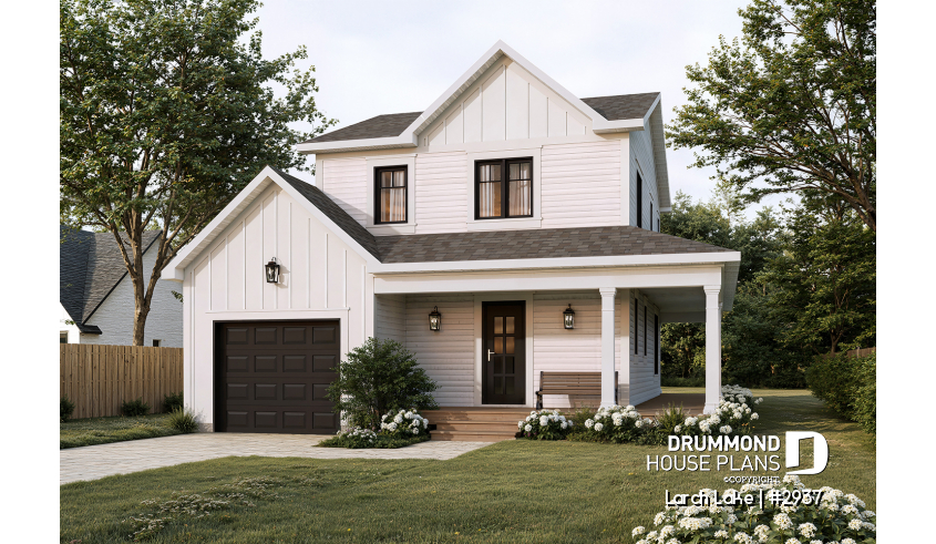 front - BASE MODEL - Small country house plan with 2 or 3 bedroom options, panoramic views, garage - Larch Lake