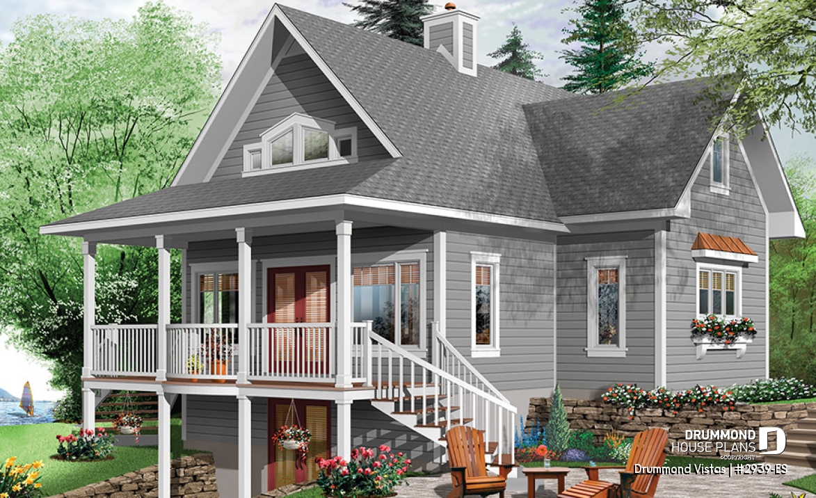 Rear view - BASE MODEL - Walkout basement house plan, country cottage, master suite on main floor, mezzanine and large covered deck - Drummond Vistas