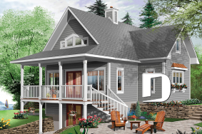 Rear view - BASE MODEL - Walkout basement house plan, country cottage, master suite on main floor, mezzanine and large covered deck - Drummond Vistas