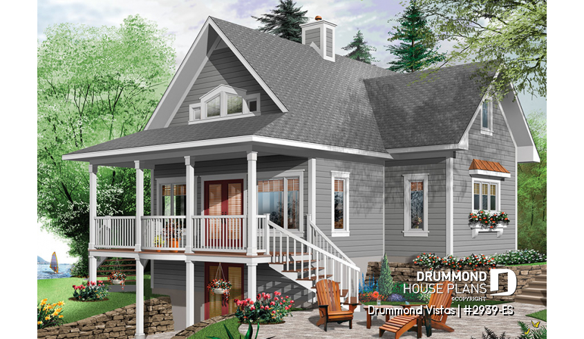 Rear view - BASE MODEL - Walkout basement house plan, country cottage, master suite on main floor, mezzanine and large covered deck - Drummond Vistas