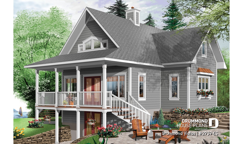 Rear view - BASE MODEL - Walkout basement house plan, country cottage, master suite on main floor, mezzanine and large covered deck - Drummond Vistas