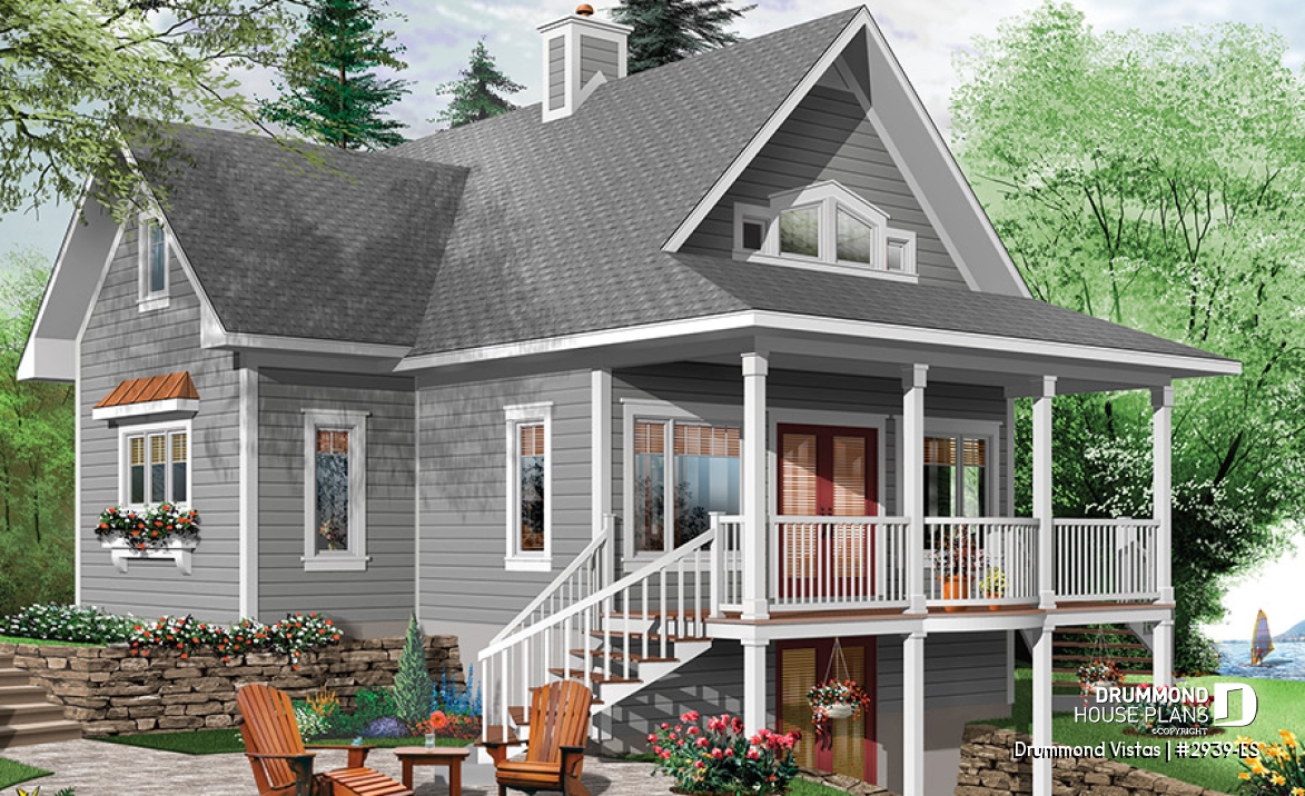 Rear view - BASE MODEL - Walkout basement house plan, country cottage, master suite on main floor, mezzanine and large covered deck - Drummond Vistas