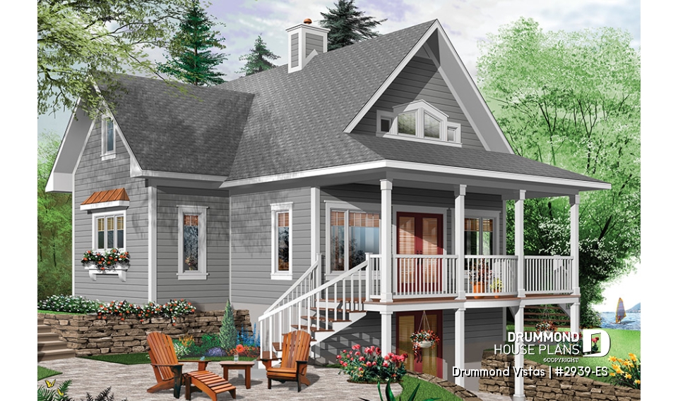 Rear view - BASE MODEL - Walkout basement house plan, country cottage, master suite on main floor, mezzanine and large covered deck - Drummond Vistas