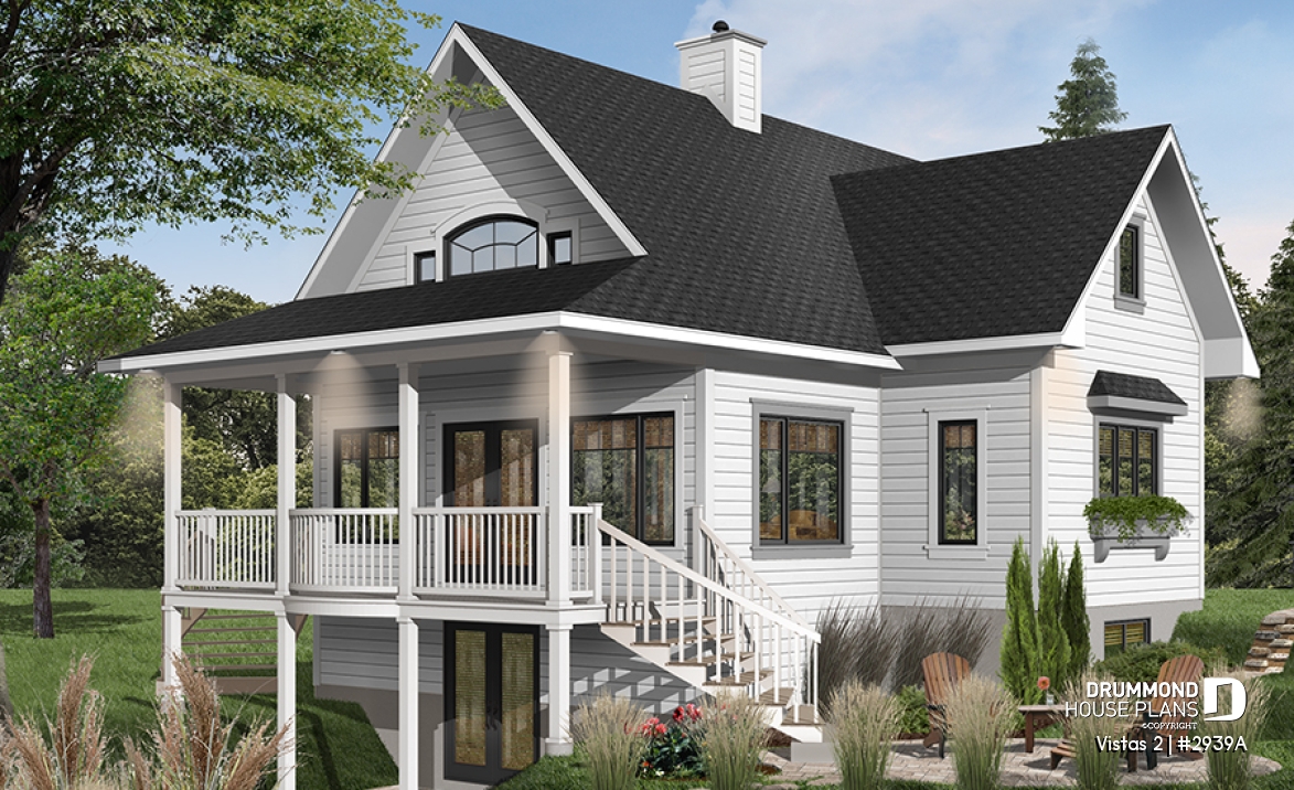 Color version 1 - Rear - A-Frame cottage house plan, 2 bedrooms + loft, cathedral ceiling, walkout basement - Vistas 2