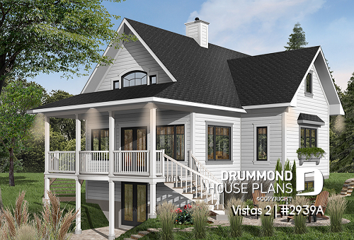 Color version 1 - Rear - A-Frame cottage house plan, 2 bedrooms + loft, cathedral ceiling, walkout basement - Vistas 2