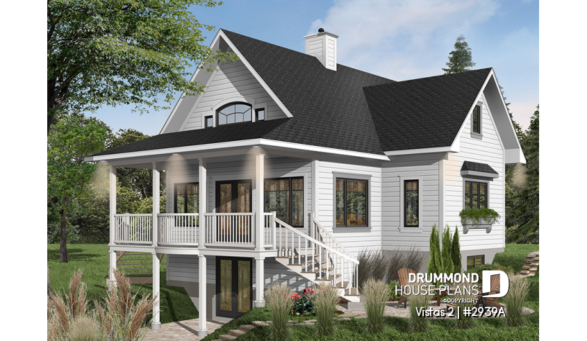 Color version 1 - Rear - A-Frame cottage house plan, 2 bedrooms + loft, cathedral ceiling, walkout basement - Vistas 2