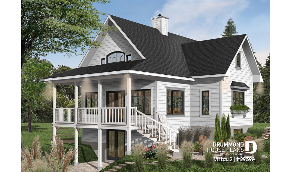 Color version 1 - Rear - A-Frame cottage house plan, 2 bedrooms + loft, cathedral ceiling, walkout basement - Vistas 2