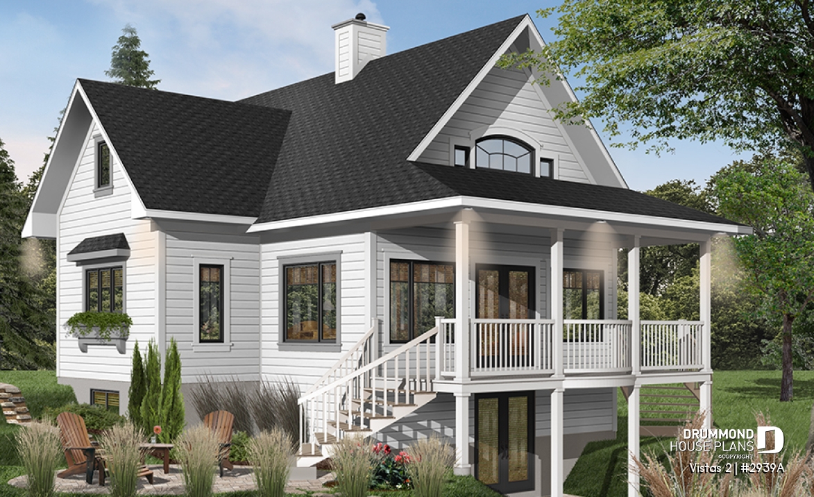 Color version 1 - Rear - A-Frame cottage house plan, 2 bedrooms + loft, cathedral ceiling, walkout basement - Vistas 2