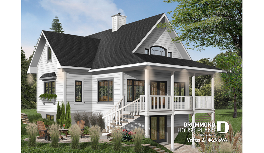 Color version 1 - Rear - A-Frame cottage house plan, 2 bedrooms + loft, cathedral ceiling, walkout basement - Vistas 2