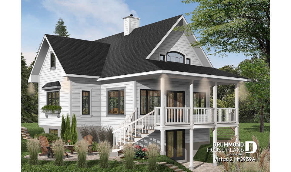 Color version 1 - Rear - A-Frame cottage house plan, 2 bedrooms + loft, cathedral ceiling, walkout basement - Vistas 2