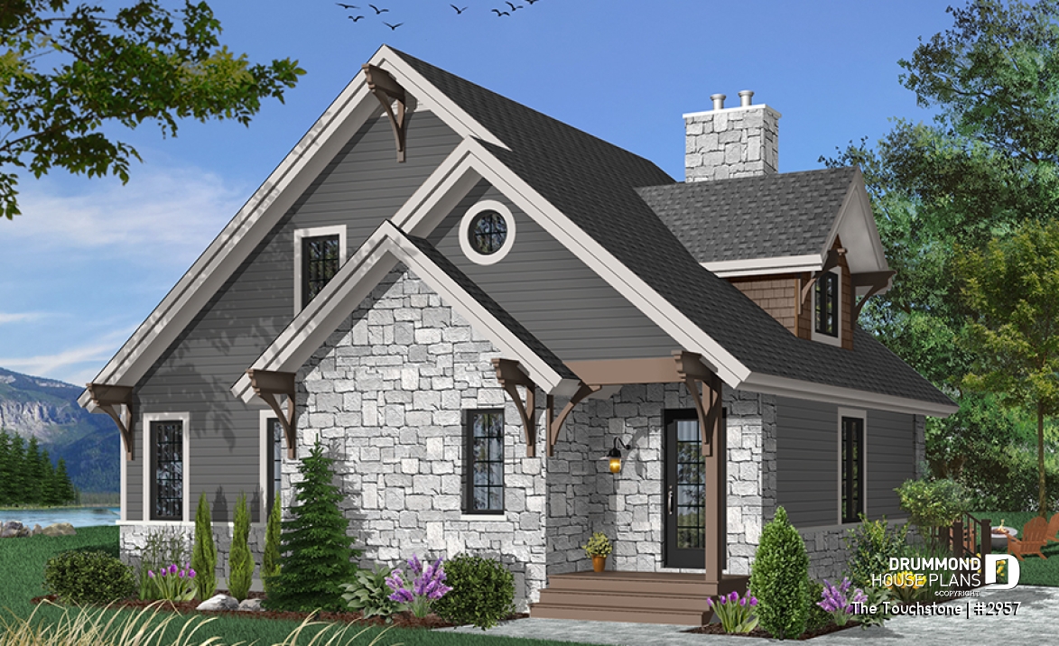 front - BASE MODEL - The Touchstone Home Plan: Mountain style cottage home design, 3 beds, mezzanine, fireplace - The Touchstone