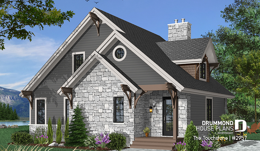 front - BASE MODEL - The Touchstone Home Plan: Mountain style cottage home design, 3 beds, mezzanine, fireplace - The Touchstone