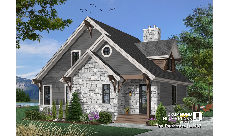 front - BASE MODEL - The Touchstone Home Plan: Mountain style cottage home design, 3 beds, mezzanine, fireplace - The Touchstone