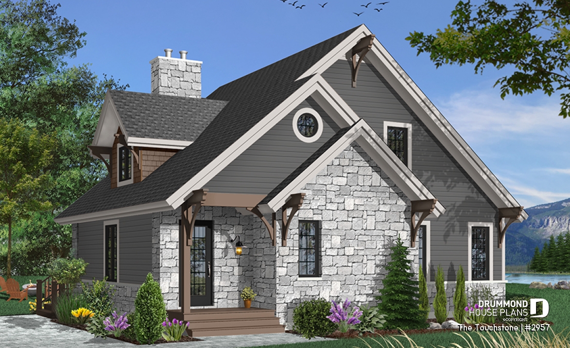 front - BASE MODEL - The Touchstone Home Plan: Mountain style cottage home design, 3 beds, mezzanine, fireplace - The Touchstone