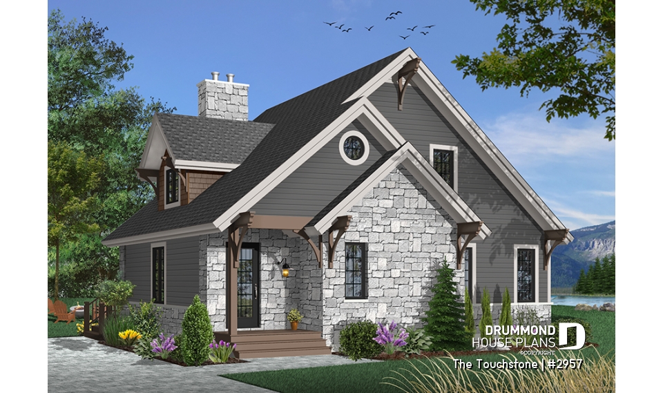 front - BASE MODEL - The Touchstone Home Plan: Mountain style cottage home design, 3 beds, mezzanine, fireplace - The Touchstone