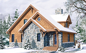 front - ORIGINAL MODEL - Mountain style cottage house plan, 3 beds, large terrace, mezzanine, fireplace and open floor plan concept - The Touchstone