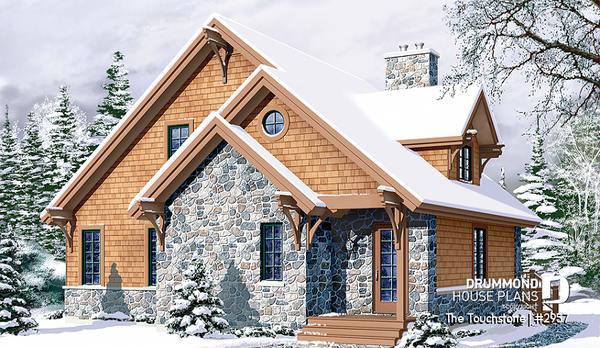 front - ORIGINAL MODEL - Mountain style cottage house plan, 3 beds, large terrace, mezzanine, fireplace and open floor plan concept - The Touchstone