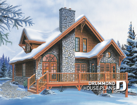 Rear view - ORIGINAL MODEL - Mountain style cottage house plan, 3 beds, large terrace, mezzanine, fireplace and open floor plan concept - The Touchstone