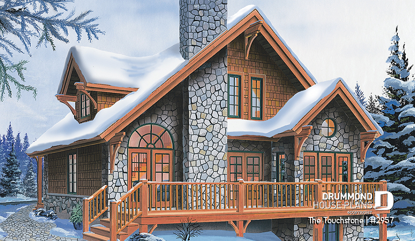 Rear view - ORIGINAL MODEL - Mountain style cottage house plan, 3 beds, large terrace, mezzanine, fireplace and open floor plan concept - The Touchstone